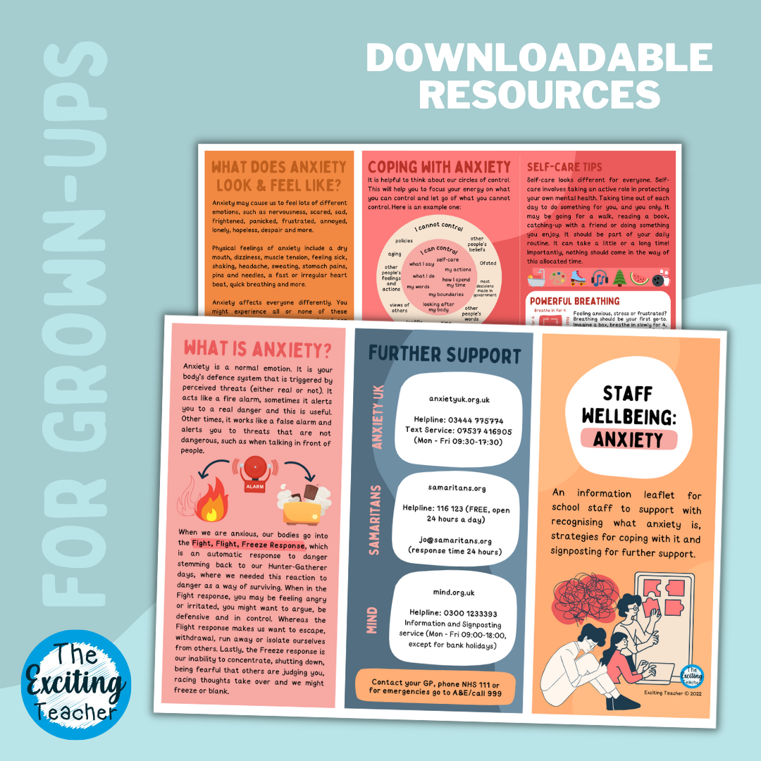 Staff Wellbeing Anxiety Information Signposting Leaflet for Education School Staff by Exciting Teacher
