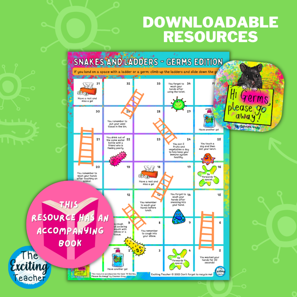 Snakes and Ladders Germs Edition Boardgame for Children by Exciting Teacher