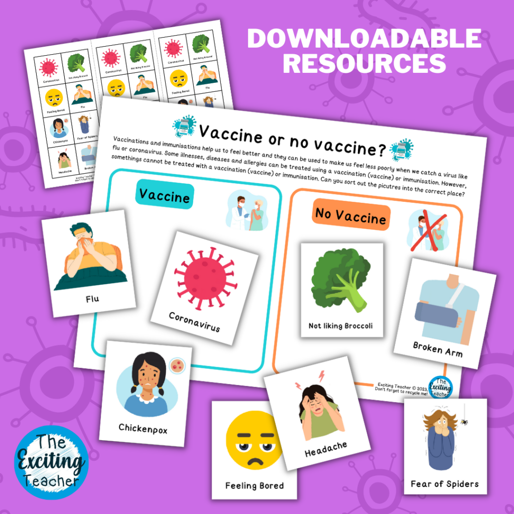 Vaccine or no vaccine Sorting Activity for KS1 PSHE Curriculum Resource for Children by Exciting Teacher