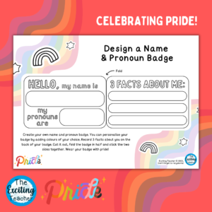 Name and Pronoun Badge for Children Pride Resource by Exciting Teacher