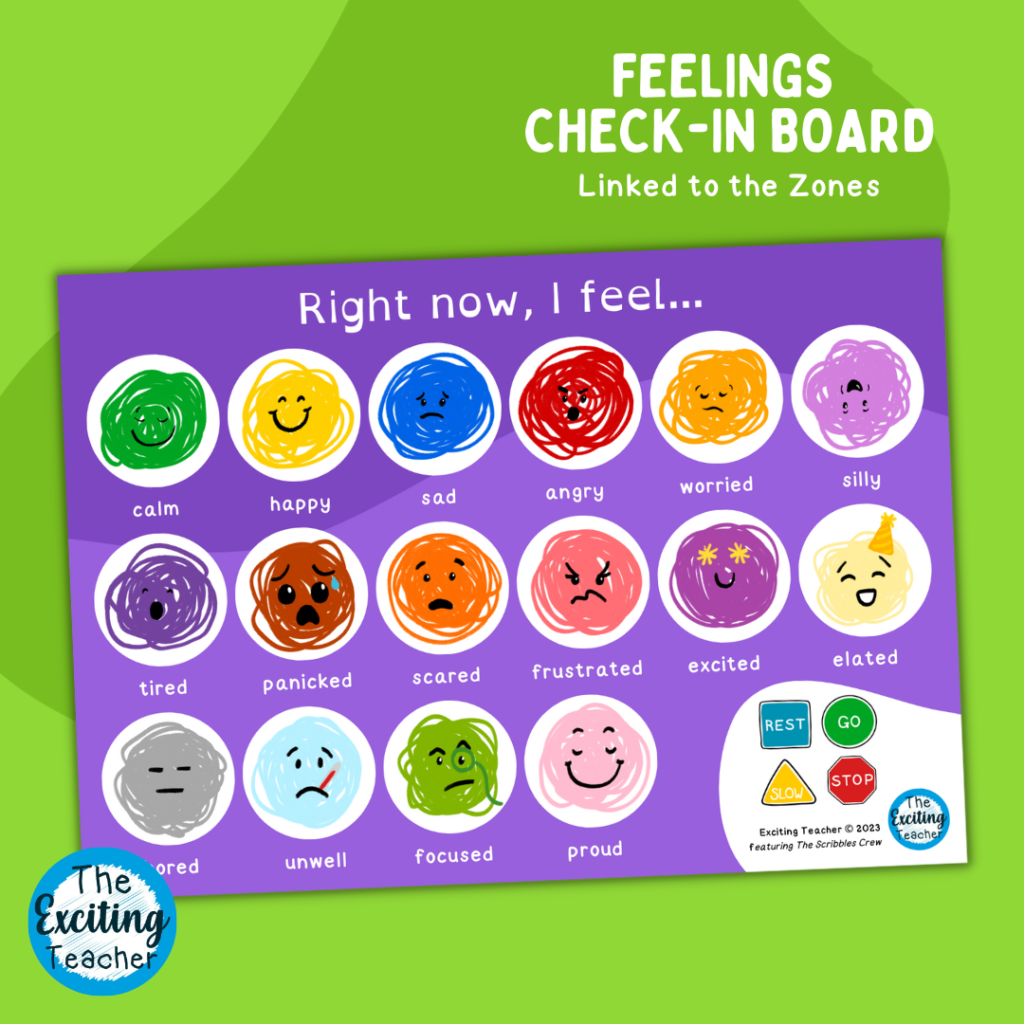 The Scribbles Crew Zones Feelings Purple Check-In Board by Exciting Teacher