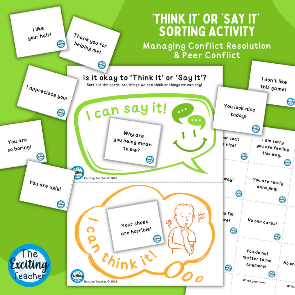 Is it okay to Think It or Say It Conflict Resolution Peer Conflict Sorting Activity for Children by Exciting Teacher