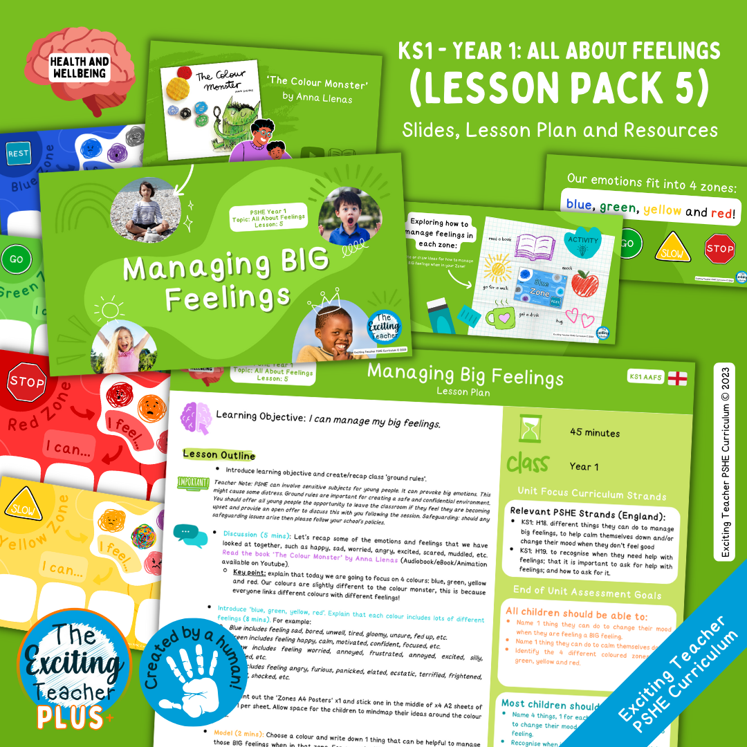 KS1 Y1 PSHE AAF5 England Managing Big Feelings Lesson Plan by Exciting Teacher Curriculum 2023