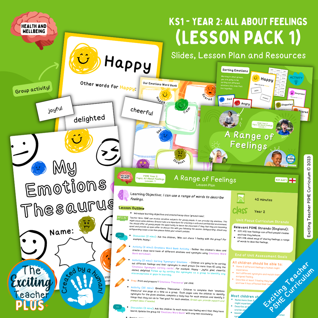 KS1 Y2 PSHE AAF1 England A Range of Feelings Lesson Plan by Exciting Teacher Curriculum 2023