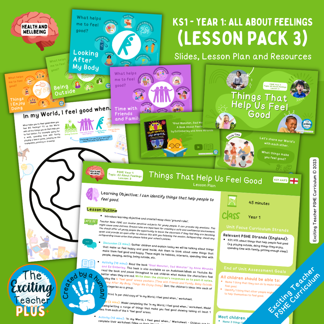 KS1 Y1 PSHE AAF3 England Things That Help Us Feel Good Lesson Plan by Exciting Teacher Curriculum 2023