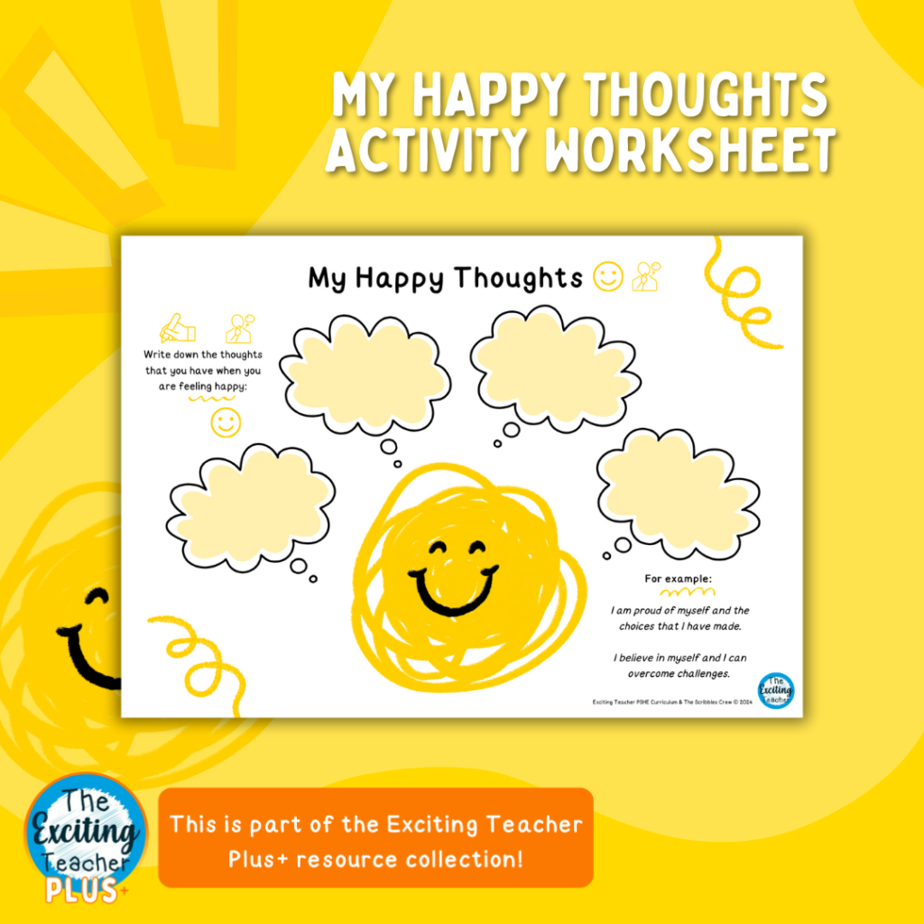 My Happy Thoughts Happy Scribble Worksheet by Exciting Teacher (A4 (Landscape))