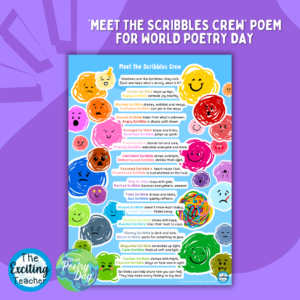 Meet the Scribbles Poem World Poetry Day Poster by Exciting Teacher Featuring the Scribbles Crew 2024